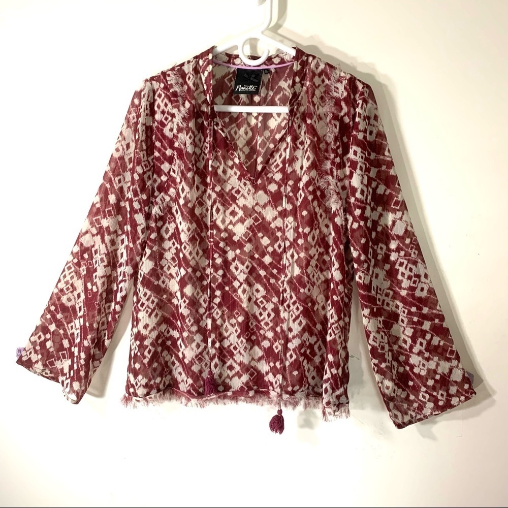 Nanette Lapore Ikat Print Sheer Fringed Top